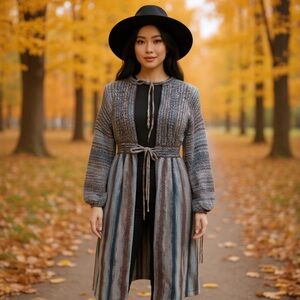 Vtg 70s Boho Striped long line balloon sleeve Midi Sweater Cardigan tie closure